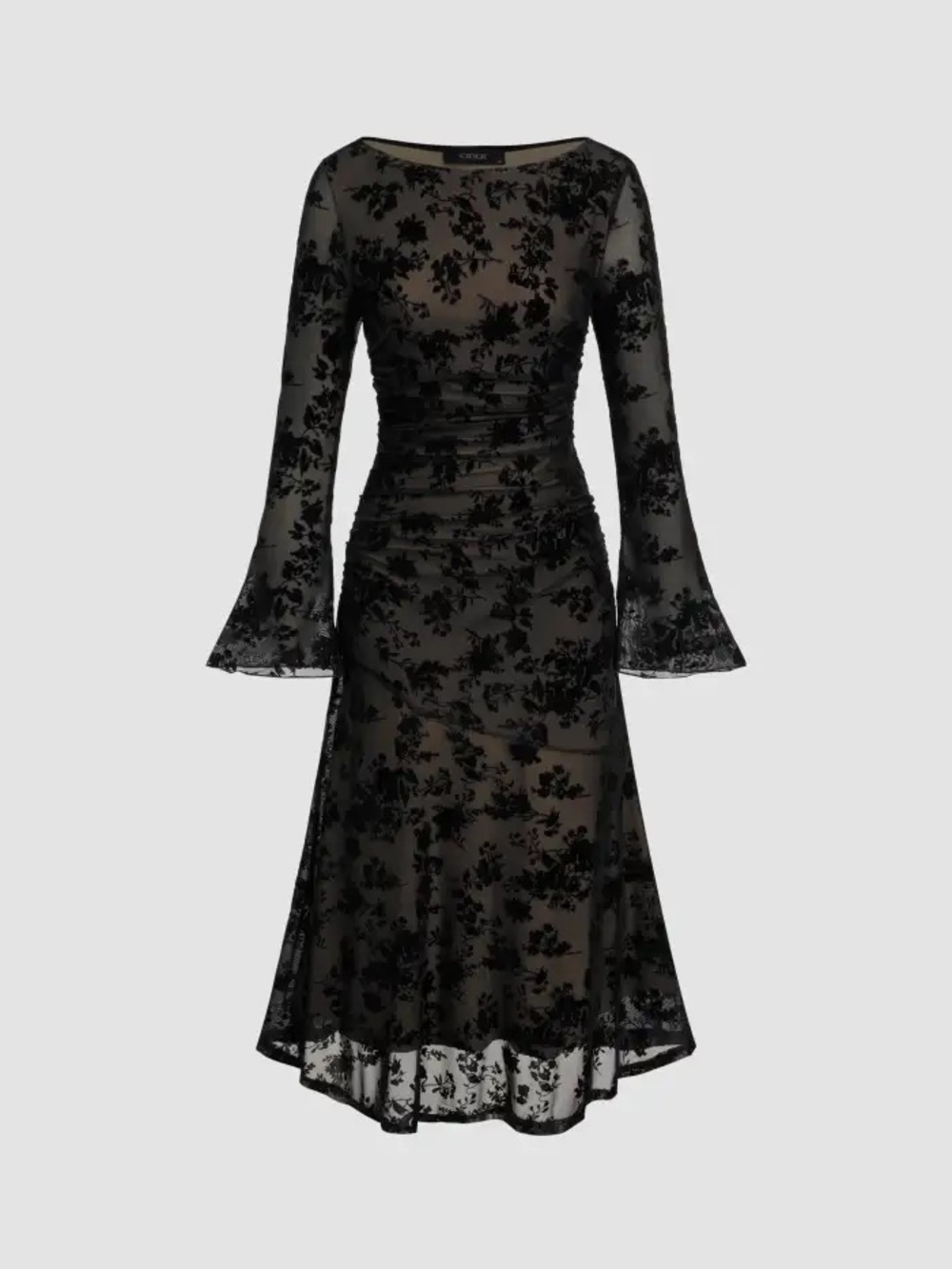 Cider Black Floral Flocked Lace Long-Sleeve Midi Dress